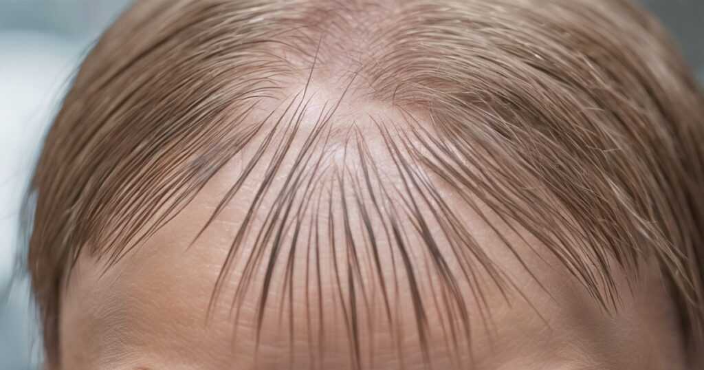 A close-up photo of a man’s scalp having hair loss problem.