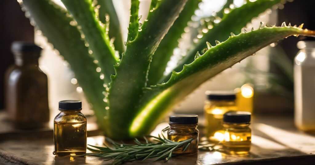 A photo of Aloe Vara, coconut oil, and rosemary oil, a natural remedy for hair loss prevention.