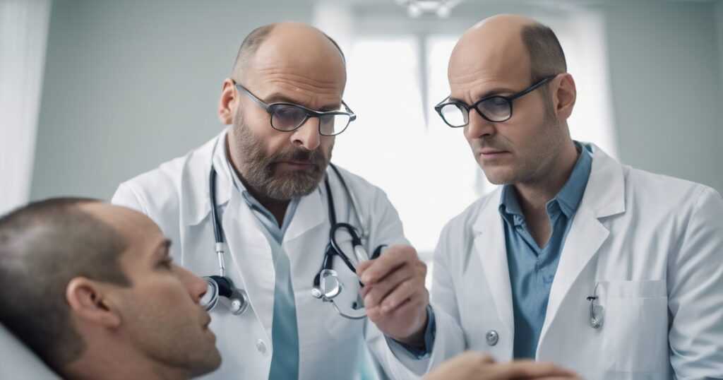 A photo of 2 doctors working to treat hair loss patient.